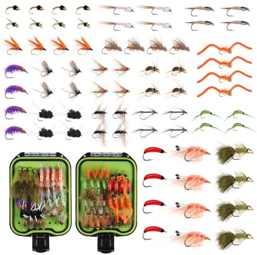 Maxcatch Fly Fishing Flies Kit 72pcs with Fly Box Hand-Tied Dry Wet Nymphs Streamers Flies Assortment (72 flies with fly box)