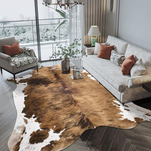 Pettop Luxury Faux Cowhide Rug 4.6x5.2 Feet - Western Cow Print Area Rugs for Living Room, Bedroom, Farmhouse - Premium Western Style Faux Fur Carpet, Non-Slip Animal Hide Throw Rugs (Caramel)
