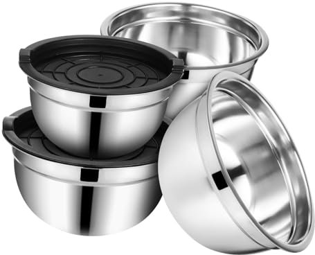 KOCKSHION Bols En Acier Inoxydable Avec Couvercles Anti-dérapants, Ensemble 4 Pièces, Multi-usages Pour Pâtisserie Cuisine, Empilables Et Robustes, Usage Domestique