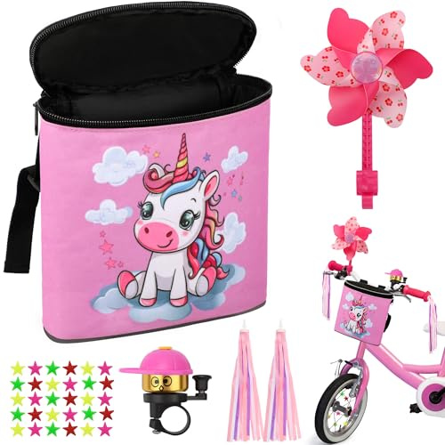 COZCLAM Cesta de Bicicleta para Niños, Bolsa para Manillar con Timbre, Rueda de Viento, Serpentinas (Rosa)