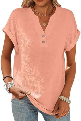 Yutdeng Blusa Mujer Manga Corta Camisa Mujer Elegante Algodón y Lino Camiseta Cuello en V Camisas Casual Blusas Verano Basic Tops Suelta T Shirt Moda Túnica Sólido Camisetas Trabajo Cómodo con Botones