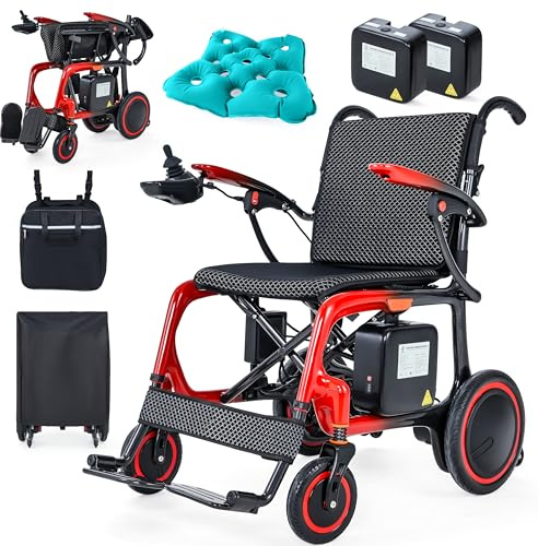 Silla de ruedas eléctrica ultraligera plegable (13 kg), 100% fibra de carbono, 2 baterías de 12 AH, 48 km de autonomía, silla de ruedas eléctrica para adultos, con cojín acolchado, mochila, bolsa