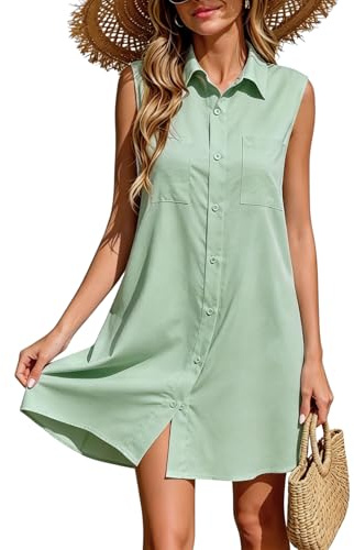 Rayson Vestito Donna Estivo Casual Senza Maniche con Scollo a V Vestito Mare Elegante con Botton Abiti da Spiaggia Abiti Estivi da Donna Midi Dress(Verde,M)