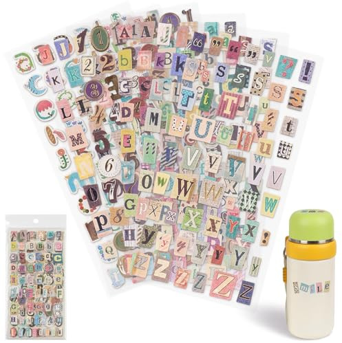 Pegatinas de Letras Vintage Adhesivos Revista, 347PCS Etiquetas de Letras Pequeñas, 6 hojas Stickers Alfabeto Y Números para Suministros de Scrapbooking Diario Y Portátil