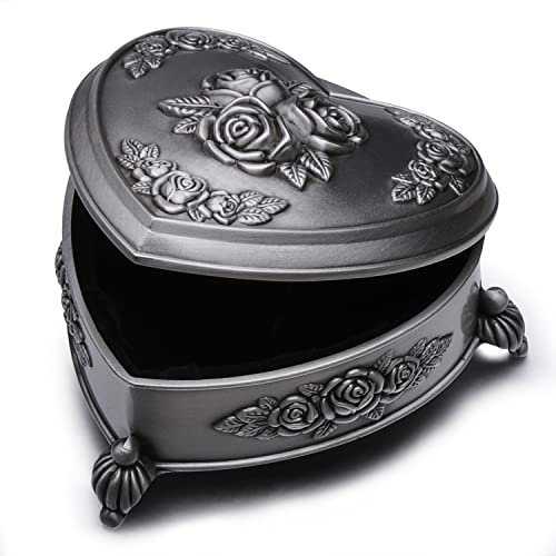 Unendlich U Luxus Prinzessin Schmuckbox mit Vintage Style Antique klein Herz und Liebe Rose mit Schmuckkästchen für Damen/Mädchen,Reines Zinn-Schmuckstück,Silber