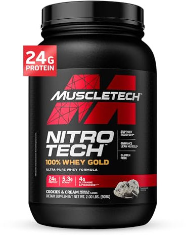 Whey Protein Pulver, MuscleTech Nitro-Tech Whey Gold Protein Isolate & Peptides, Eiweißpulver für den Muskelaufbau, Proteinpulver für Männer und Frauen, Cookies and Cream, 1 kg (31 Portionen)