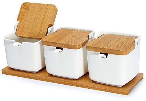 Lucky Goddness Set of 3 Porcelain Sugar Bowl, 8.8 fl oz Condiment Pots with Spoons Bamboo Flip Lids Labels, Spice Salt Tray Serving for Home Kitchen
