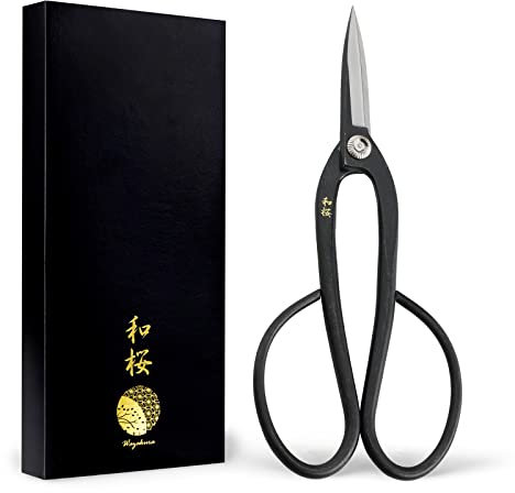 Wazakura Ciseaux Japonais Ashinaga pour Bonsaï et Jardinage, 200 mm, en Acier Yasugi Noir, Fabriqué à la Main au Japon