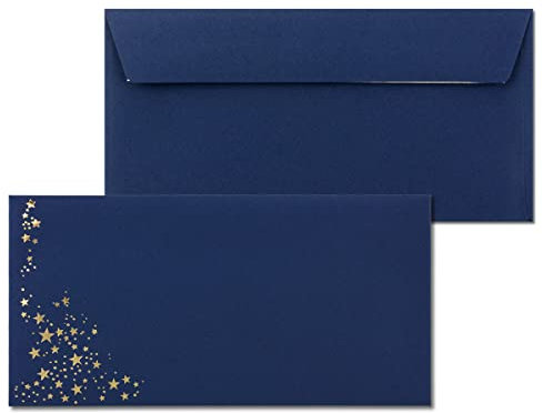 50x Briefumschläge mit Metallic Sternen - DIN Lang - Gold geprägter Sternenregen - Farbe: dunkelblau, Haftklebung, 120 g/m² - 110 x 220 mm - ideal für Weihnachten