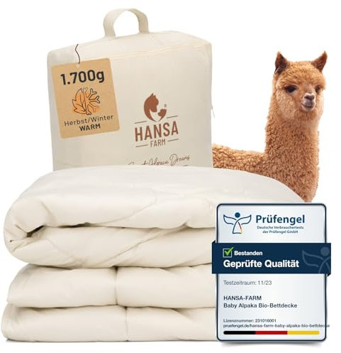 HANSA-FARM | Baby Alpaka Bio-Bettdecke 155 x 220 cm (Füllung 1.700g) - Herbst Winter warm - atmungsaktiv und temperaturausgleichend - Große Aufbewahrungstasche