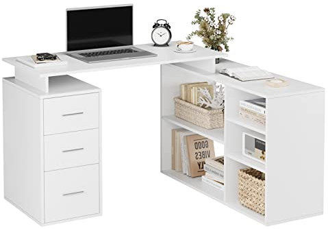 FirFurd 129 x 104 cm Eckschreibtisch L-förmiger Schreibtisch Kinder Computertisch für Erwachsene mit 3 Schubladen und 5 Regalen für Home Office 129 x 104 x 76 cm weiß