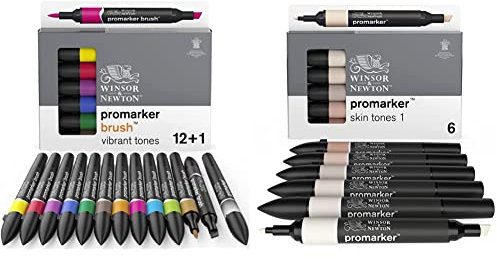 Winsor & Newton Promarker Brush Set de 12+1 Blender Tons vibrants & Promarker Set de 6 Tons De Chair Set de 1