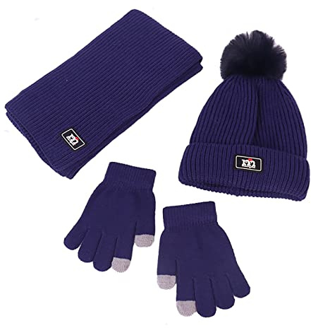 NautySaurs Conjunto de bufanda y guantes de invierno de punto térmico de ganchillo para niños y niñas, gorro forrado de forro polar para niños de 2 a 8 años, azul marino, Talla única