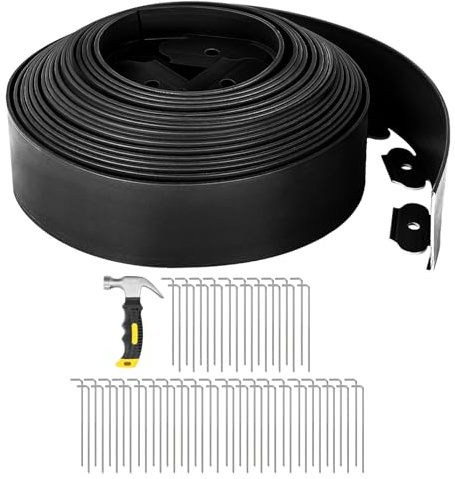GROWNEER 66FT Landscape Edging Flexible 4 inch Tall Garden Border with 60pcs Galvanized Steel Anchoring Spikes and Hammer Lawn Edging Kit for Flower Bed, Pathway, Landscaping Project, Black