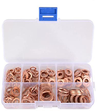 Treki 200pcs Rondelles Cuivre Joints Vidange Cuivre Rondelle Metal Rondelles Plates en c uivre Bagues D'étanchéité Métriques M5 M6 M8 M10 M12 M14 Flat Rondelles de C uivre Assortiment Kit