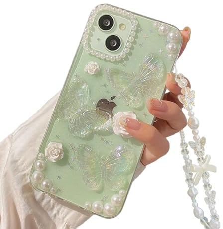Faneiy för iPhone 14/13 fodral med telefon berlockkedja, 3D-fjäril, blomma, gulligt telefonfodral, kristallklart pärlfodral för iPhone 14/13, kvinnor, flicka