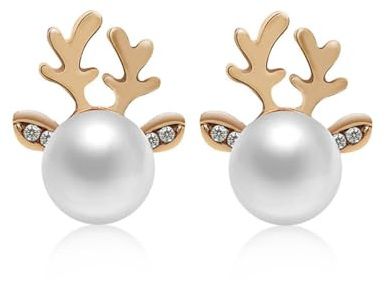 GAUEIOUR Christmas Elk Pearl Earrings,Christmas Pearl Deer Horn Alloy Earrings, Deer Head Creative Earring for Women, Holiday Jewelry, Xmas Jewelry Gifts (Gold)