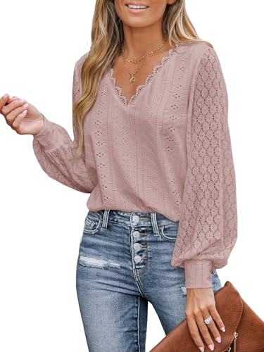 CUPSHE Blusa para mujer con encaje festoneado y corte, mangas largas de encaje, cuello en V, puños elásticos, elegante y chic, rosa, L