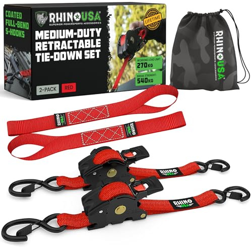 Rhino USA Retractable Ratchet Straps (2-Pack) - 2.5cm x 3m (540kg Break Strength) - Heavy Duty Auto Self-Retracting Tie Down Straps for Truck, Cargo Trailer, Motorcycle, Bike & More - Red