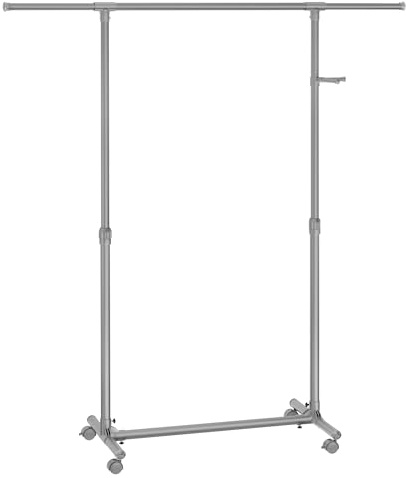SONGMICS Perchero con Ruedas, Burro para Ropa, Altura Ajustable 97-165 cm, Barra Extensible, Ganchos Laterales para Accesorios, Gris Paloma LLR001G01