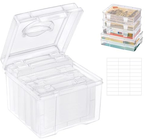 iluake Fotoaufbewahrungsbox, 21 x 21cm Fotoetui, 5 Innere Zwei Größen Fotohalter, Durchsichtige Fotoboxen zur Aufbewahrung mit 1 Blatt Etikettensticker, Foto Organizer Box für Bilder, Saatgut,Karten