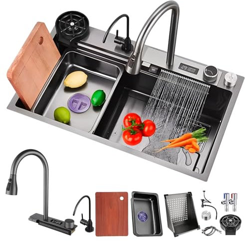 DSMRLEOP Diskbänk, Nano Waterfall Diskho, Hushållsvask Set, Grönsakshandfat Enkel diskho Workstation Svartgrå diskbänk med utdragbar kran, tvättmaskin med koppar under tryck(Black,75CM/29.5_UPGRADE)
