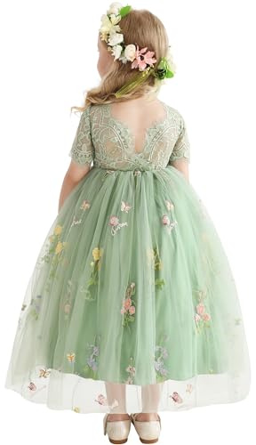 Amissz Flower Girl Dresses Lace Back Floral Embroidery Princess Birthday Tutu Tulle Festive Dress Girl Bridesmaid Wedding Party Pageant Prom Dress 2-8 Year