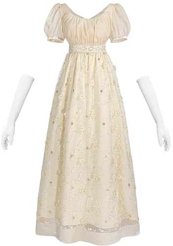 CR ROLECOS Regency Robe pour femme - Taille empire des années 1800 - Jane Austen - Robe victorienne vintage - Robe de bal avec gants, Doré-1449, S
