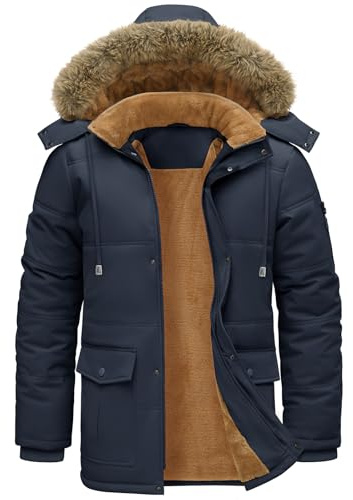 TOMEEK Manteaux Homme Hiver Parka Chaud Veste en Polaire Décontracté Blousons Epaissie Manteaux Thermique Coupe-vent Veste avec Poches Capuche Amovible Outdoor Manteau(Bleu Marine,L)
