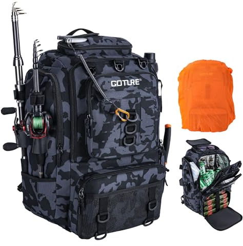 Goture Angelrucksack mit Kühltasche, 40-Liter Angelzubehör-Rucksack mit Zwei Rutenhaltern, 900D Oxford-Gewebe Wasserabweisende Angelgerätetasche mit verstellbarem Fach