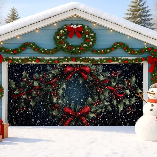 Copertura natalizia per porta del garage, grande ghirlanda di agrifoglio, decorazioni per interni ed esterni, decorazione stagionale invernale 400 x 180 cm