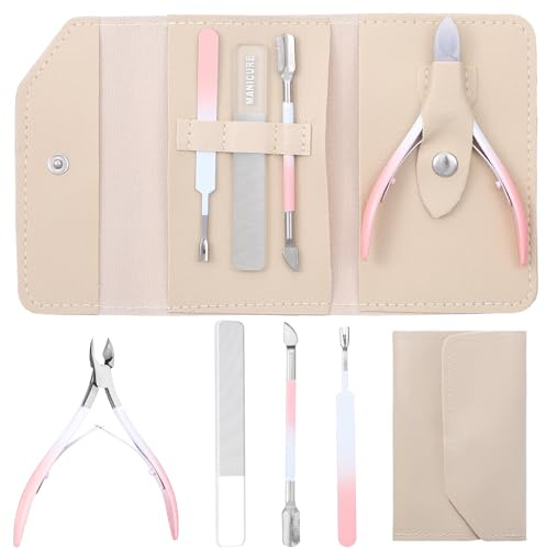 4PCS Cuticle Nippers Kit, Including 1Cuticle Trimmer, 2 Stainless Steel Cuticle Pusher, (Double-Headed/U-Shaped), 1Nail File, Leather Storage Bag, for Fingernails and Toenails, Nail Salons