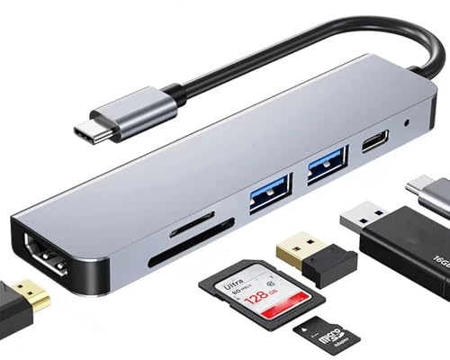 USB C Hub 6 in 1 with HDMI(4K@30Hz), USB-C to HDMI Adapter 100W Power Delivery, USB 3.0, USB 2.0, SD/TF Card Reader Compatible with iPhone 15/16, MacBook, iPad Pro, Samsung Galaxy S8, Dell XPS