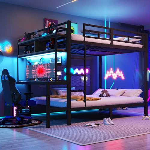 Litera para niños con 1 enchufe+2 USB+LED,litera para niños/adultos 140x200 cm con escritorio+compartimentos de almacenaje,cama alta doble de hierro con escalera en ángulo recto,Barandilla, Negro