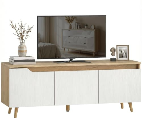 HOMCOM Meuble TV 120 cm pour Téléviseur jusqu'à 55 Pouces Chêne Blanc | Meuble Télé, 3 Portes, Étagère Réglable, 4 Passe-Câbles, 5 Pieds Bois Pin, Banc TV, Salon, Chambre