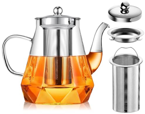 Tekanna, glastekanna, tekokare med sil, 1 l värmebeständig glastekanna, droppfri tekanna i glas för löst te och teblommor, inklusive fin tesil (1 000 ml)