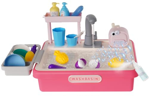 Fregadero Juguete con Agua, cozinha de brincar, máquina de Burbujas, Verduras de plástico extraíbles, Lavabo Infantil de 25 Piezas para niños y niñas (Rosa)
