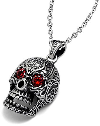 Feilok - Collar con colgante de calavera de acero inoxidable para hombre, diseño gótico con ojos de cristal rojo, color plateado