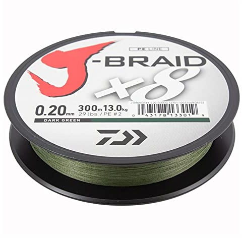 Daiwa J-Braid 8 Braid 0.20mm, 13.0kg / 29.0lbs, 300m dark green, round braided fishing line