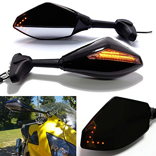 MISS MOLY Negro Motocicleta Señal de giro Espejo Retrovisor con Indicador LED de Flecha para CBR GSXR YZF(Negro Brillante + Lente de Humo)