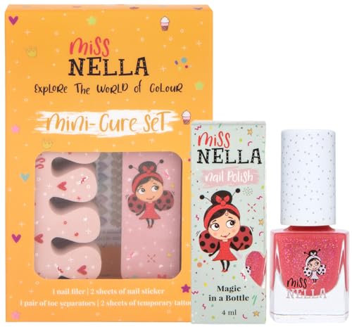 Miss Nella NAGELKIT & NAGELLACK- Zubehörset für Kinder + Miss Nella abziehbarer Nagellack, Nagelaufkleber, Tattoos, Nagelfeile und Zehenspreizer- speziell gefertigt für Kinderhände,- und Füße.