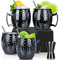 Moscow Mule Becher, Set 4er, Gunmetal schwarz 550ml, Moscow Mule Mug mit 4 Becher, 4 Trinkhalme, 1 Messbecher für Kaltes Getränk, Bier, Gin, Vodka, Cocktails und Wasser Genießen