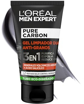 L'Oréal Paris Men Expert Gel Antigranos 3 en 1 Pure Carbon, Purifica, Exfolia y Reduce Granos, Con Minerales Volcánicos y Ácido Salicílico, 100 ml
