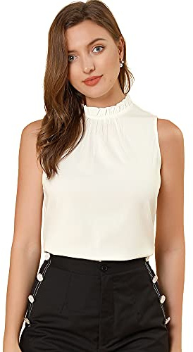Allegra K Women Denim Chambray Frill Mock Neck Ruffle Sleeveless Blouse | Button Loop at Back. Casual Summer, Home, Shopping, Street, Work, Date, Outdoor, Vacation, Beach, Party