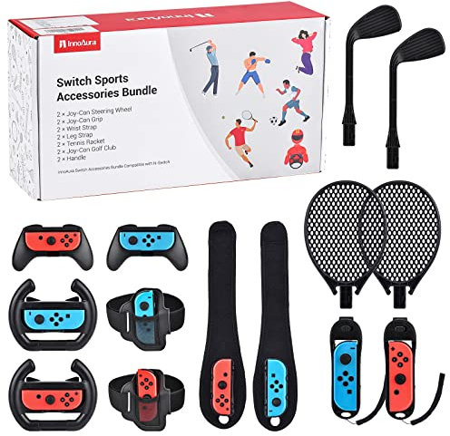 14 in 1 Switch Sport Zubehör Bündel, innoAura NS Bundle Lenkrad, J-Con Griff, Tennisschläger, Glof Club, Handgelenkriemen, Beingurt Kompatibel mit Switch/Switch OLED