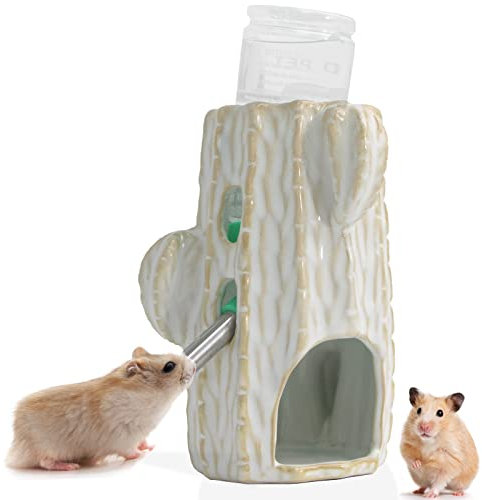 Zhilishu 2-in-1 Adjustable Hamster Water Bottle for Glass Tank, 80ML Gerbil Water Bottle with Stand, No Drip Ceramic Holder for Dwarf Hamster, Mice, Rat (White)