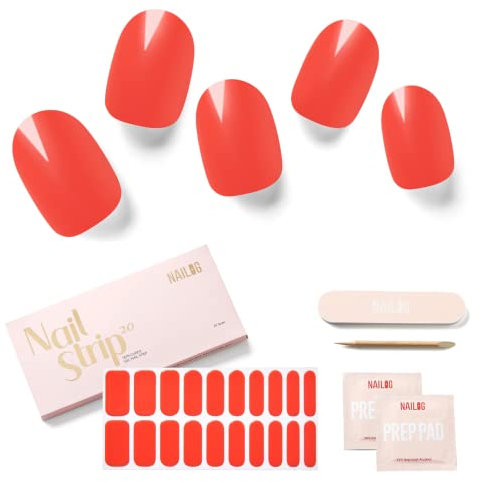 NAILOG Semi Cured Gel Nail Strips, Extra Long Nail Polish Strips (20 Pieces),UV/Led Lamps Nail Stickers with Soft Glossy Gel Finish,Watermelon Red