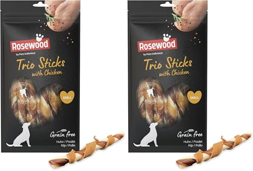 Rosewood Trio Sticks Poulet Petit – Bâtonnets à mâcher fermes pour Petit Chien, Poulet et Peau de bœuf, favorisent Les Soins dentaires, sans céréales ni Gluten, sans additifs artificiels, 100 g
