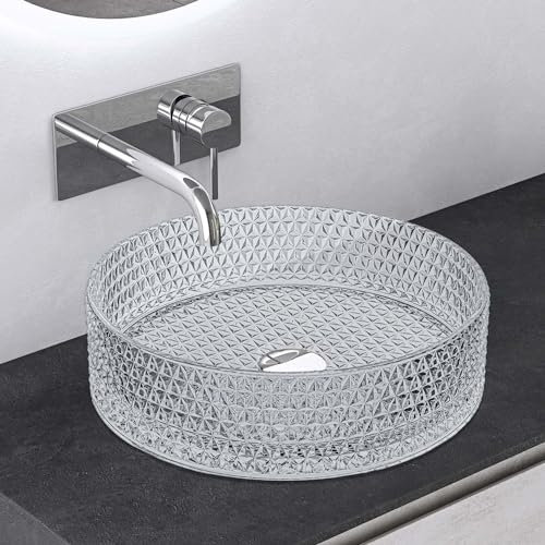 Mai & Mai Lavabo en Verre Transparent Lavabo Rond Lave-Mains Vasque Verre à Poser Salle de Bain Toilettes pour Invités sans Perçage de Robinet 39x39x12 cm Min07