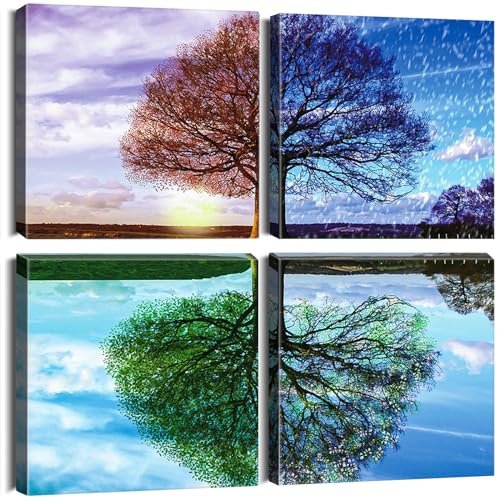 Sungeek 4 Teilig Leinwandbilder mit Holzrahme, Leinwanddruck Bilder 30x30cm, Moderne Wandbilder Kunstdruck Wand Dekoration für Wohnzimmer Schlafzimmer Esszimmer Home Büro (Baum)